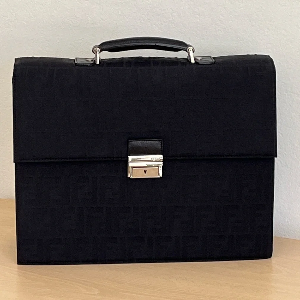 Rare FENDI Zucca Black Monogram Briefcase Unisex Canvas Leather EUC 1990s